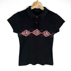 Y2K Super Low Fat Skull Argyle Polo Shirt Mall Goth Top Baby Tee Vtg Hot Topic
